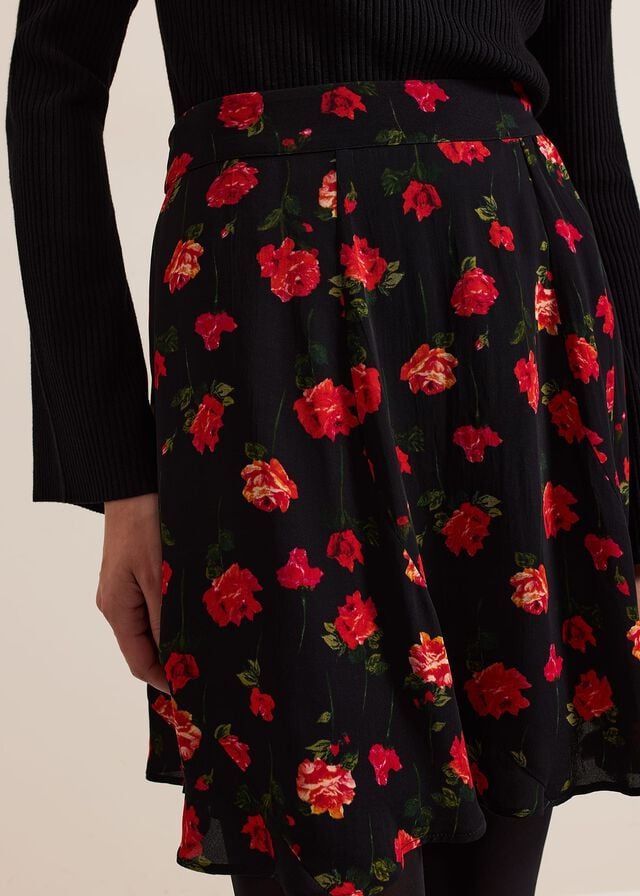 Black Phase Eight Ilaria Rose Print Flippy Skirts | 3509AKFES