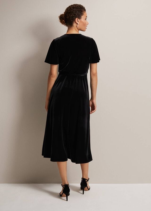 Black Phase Eight Julissa Velvet Ruffle Wrap Dress | 3601YVWQZ