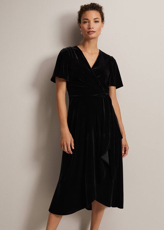 Black Phase Eight Julissa Velvet Ruffle Wrap Dress | 3601YVWQZ