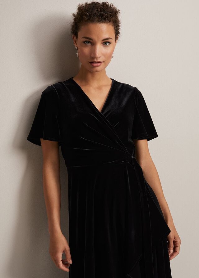 Black Phase Eight Julissa Velvet Ruffle Wrap Dress | 3601YVWQZ