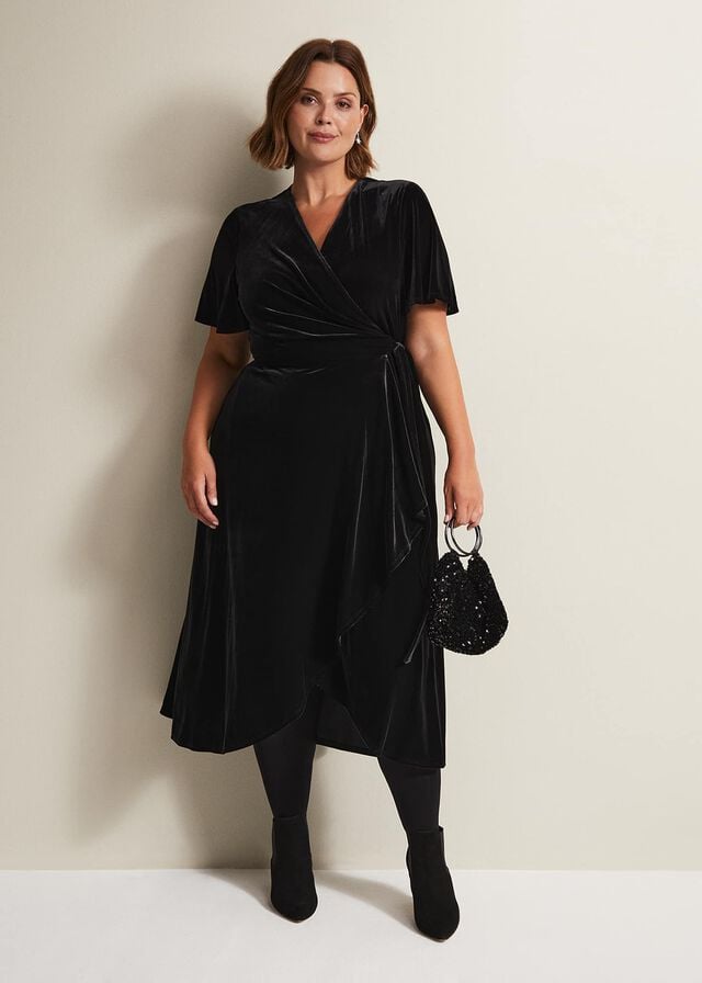Black Phase Eight Julissa Velvet Ruffle Wrap Dress | 3601YVWQZ