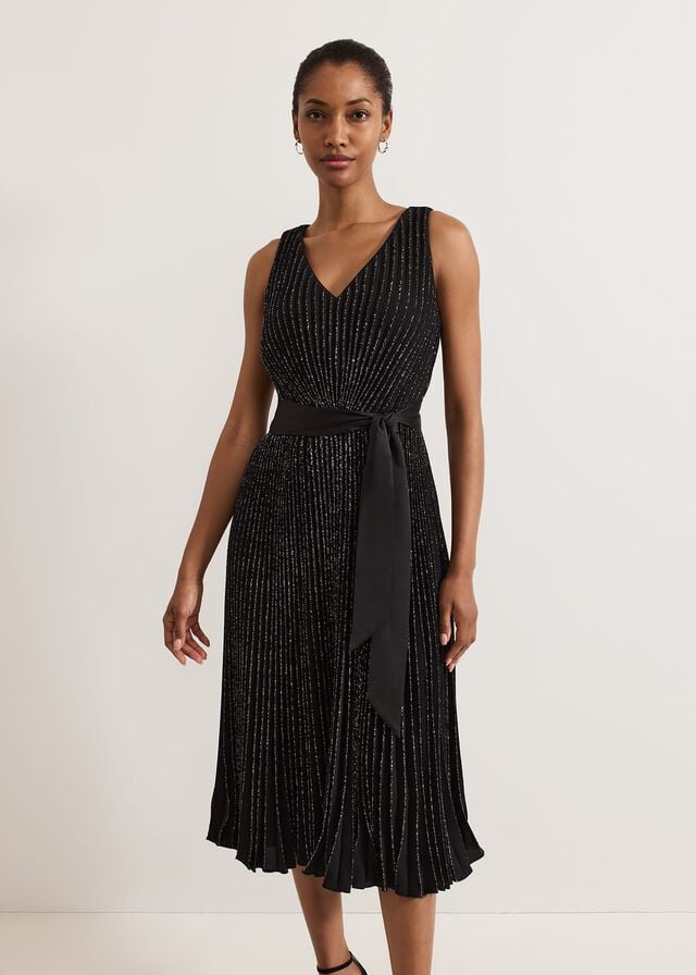 Black Phase Eight Keleche Glitter Pleat Dress | 5048CQUJH