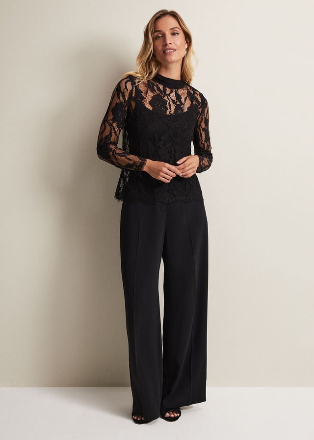 Black Phase Eight Lara Lace T Shirts | 7085BDOZP