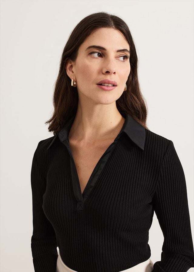 Black Phase Eight Lisa Ribbed Polo Neck T Shirts | 6380IZYPW