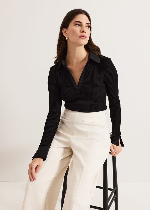 Black Phase Eight Lisa Ribbed Polo Neck T Shirts | 6380IZYPW