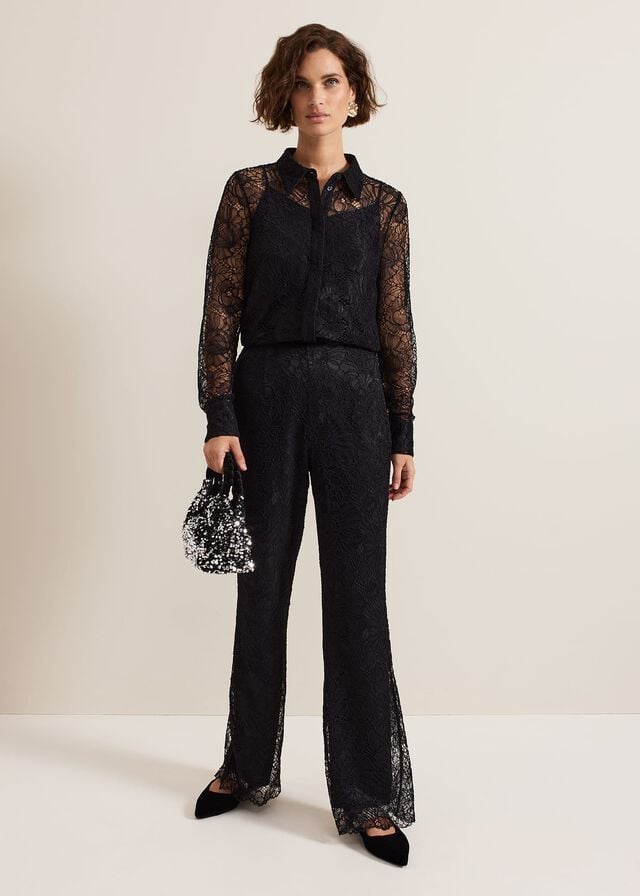 Black Phase Eight Livana Lace Shirts | 8374PULFV