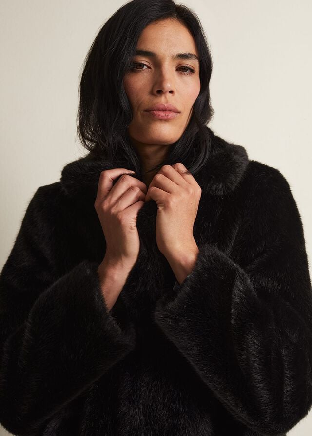 Black Phase Eight Megan Faux Fur Coats | 5071EHXAP