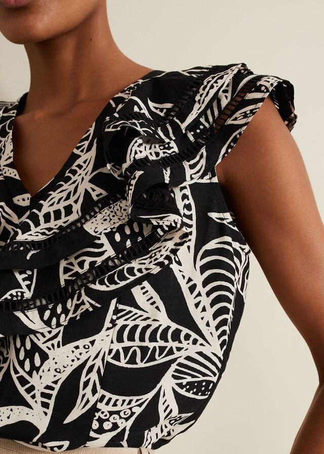 Black Phase Eight Rosey Linen Ruffle T Shirts | 1563ZNFRB