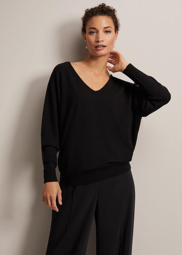Black Phase Eight Senita Fine V-Neck Knitwear | 1756NUHBL