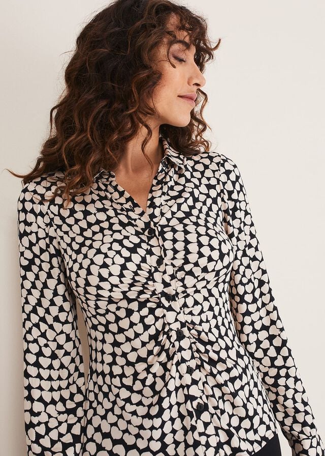 Black / Brown Phase Eight Kesia Ruched Front Heart Print Shirts | 2804HBIFU