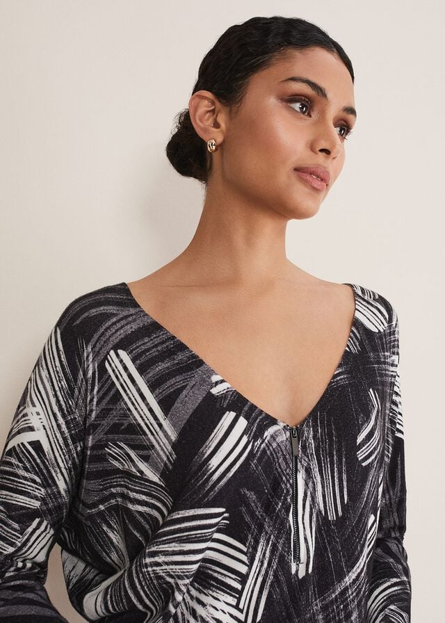 Black / Multicolor Phase Eight Adara Linear Zip Neck Print Knitwear | 6753UBAXS