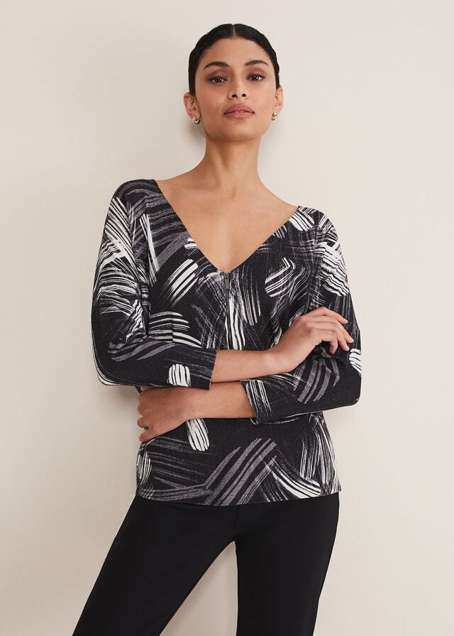 Black / Multicolor Phase Eight Adara Linear Zip Neck Print Knitwear | 6753UBAXS