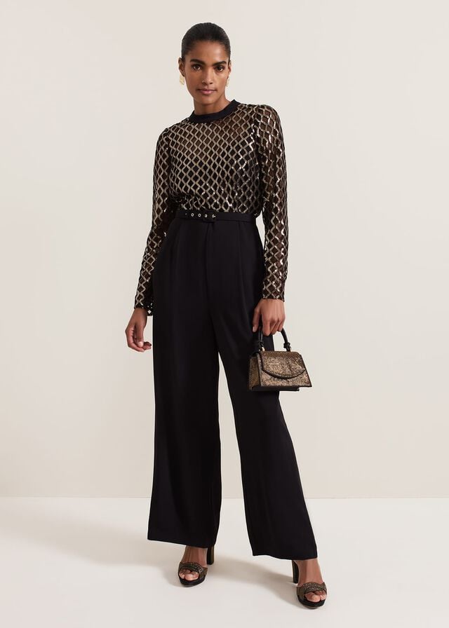 Black / Multicolor Phase Eight Amelia Sequin Bodice Jumpsuit | 1567QYKDC