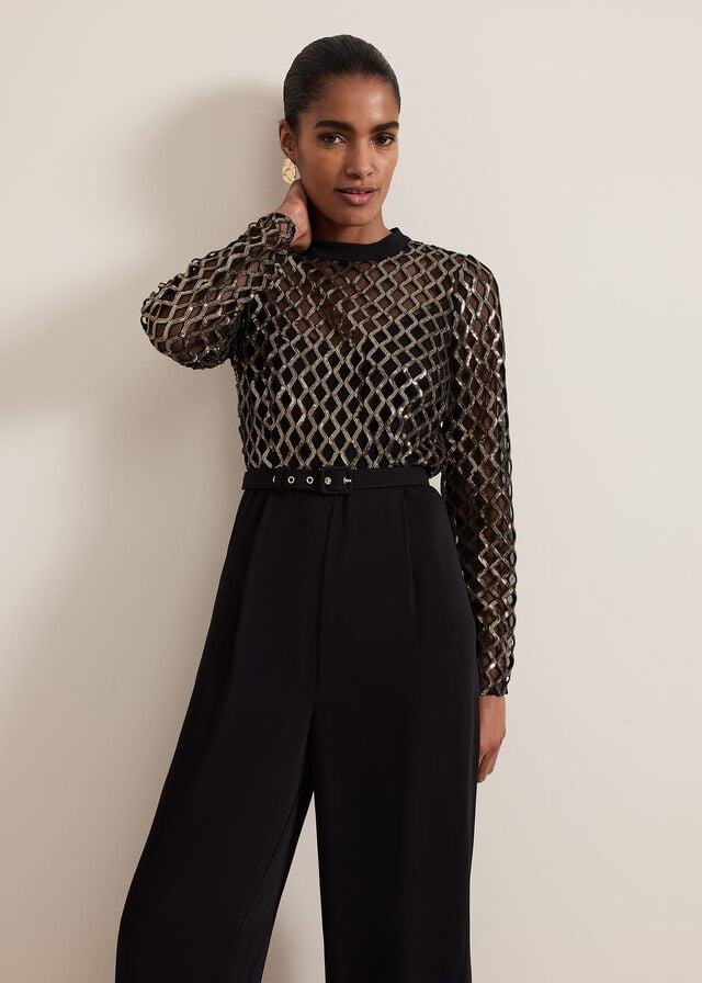 Black / Multicolor Phase Eight Amelia Sequin Bodice Jumpsuit | 1567QYKDC