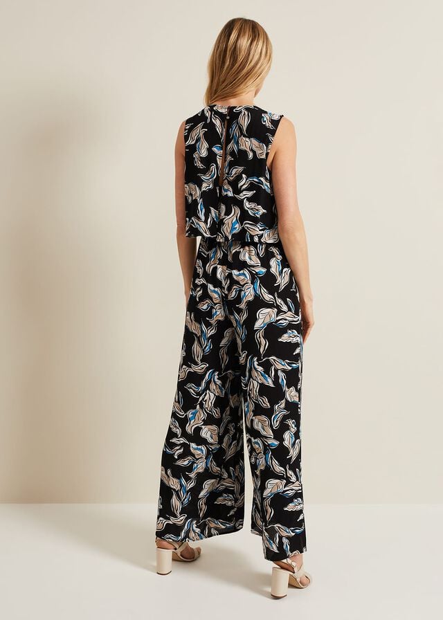 Black / Multicolor Phase Eight Aubrey Leaf Print Jumpsuit | 7483JLCPN