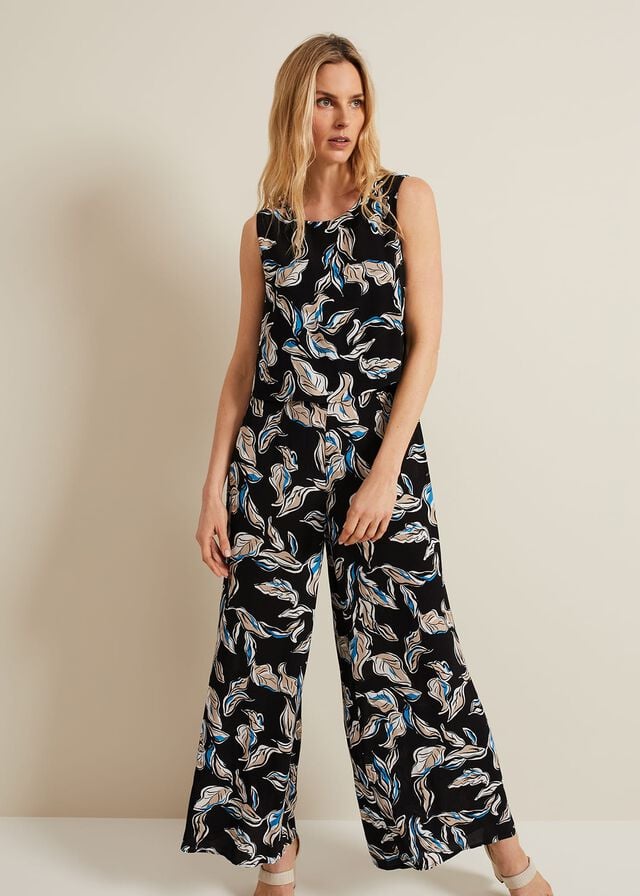 Black / Multicolor Phase Eight Aubrey Leaf Print Jumpsuit | 7483JLCPN