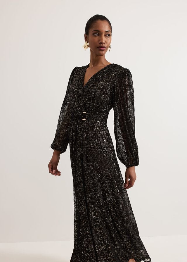 Black / Multicolor Phase Eight Emre Shimmer Burnout Dress | 2738BQFKY