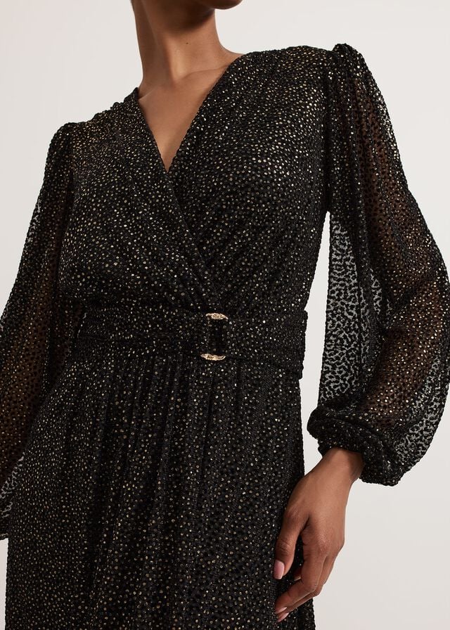 Black / Multicolor Phase Eight Emre Shimmer Burnout Dress | 2738BQFKY