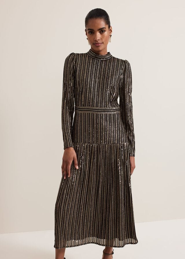 Black / Multicolor Phase Eight Gloria Sequin Stripe Dress | 7102FIBGA