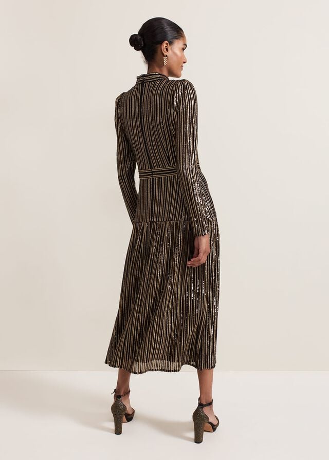 Black / Multicolor Phase Eight Gloria Sequin Stripe Dress | 7102FIBGA