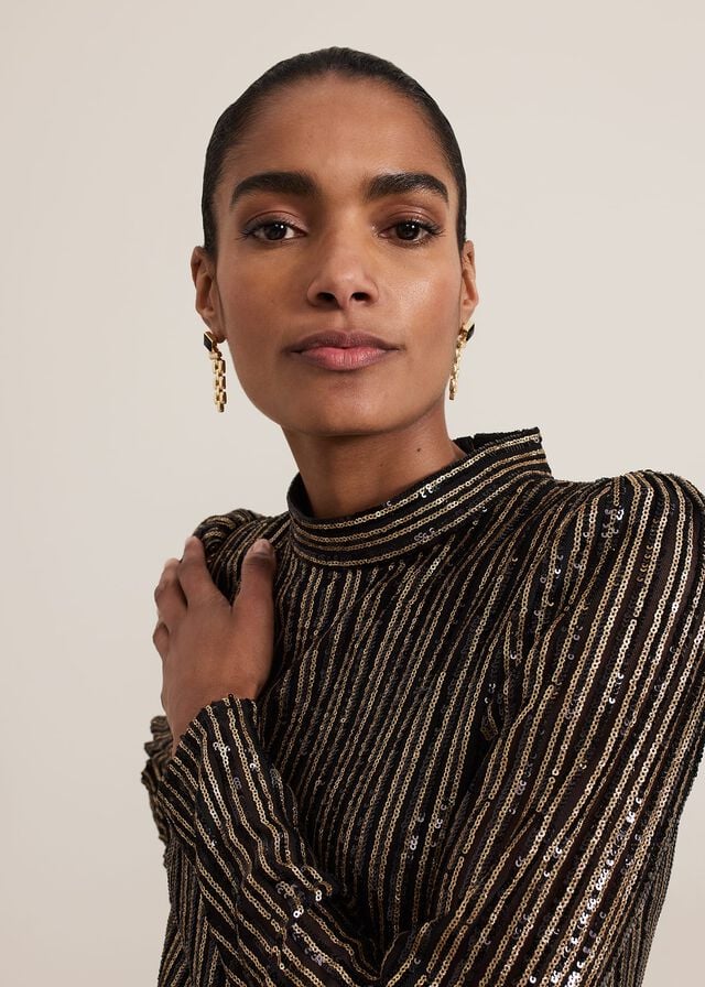 Black / Multicolor Phase Eight Gloria Sequin Stripe Dress | 7102FIBGA