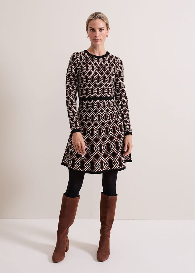 Black / Multicolor Phase Eight Josie Jacquard Fit And Flare Swing Dress | 7316OMIQC