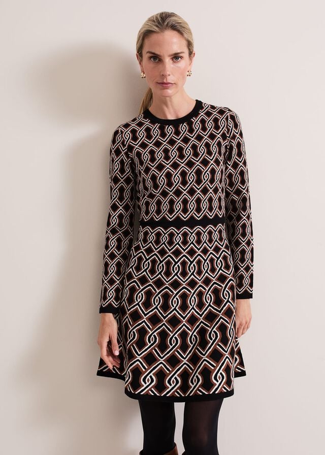 Black / Multicolor Phase Eight Josie Jacquard Fit And Flare Swing Dress | 7316OMIQC