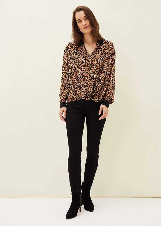 Black / Multicolor Phase Eight Kaelie Leopard Twist Front Shirts | 2173KQTOC