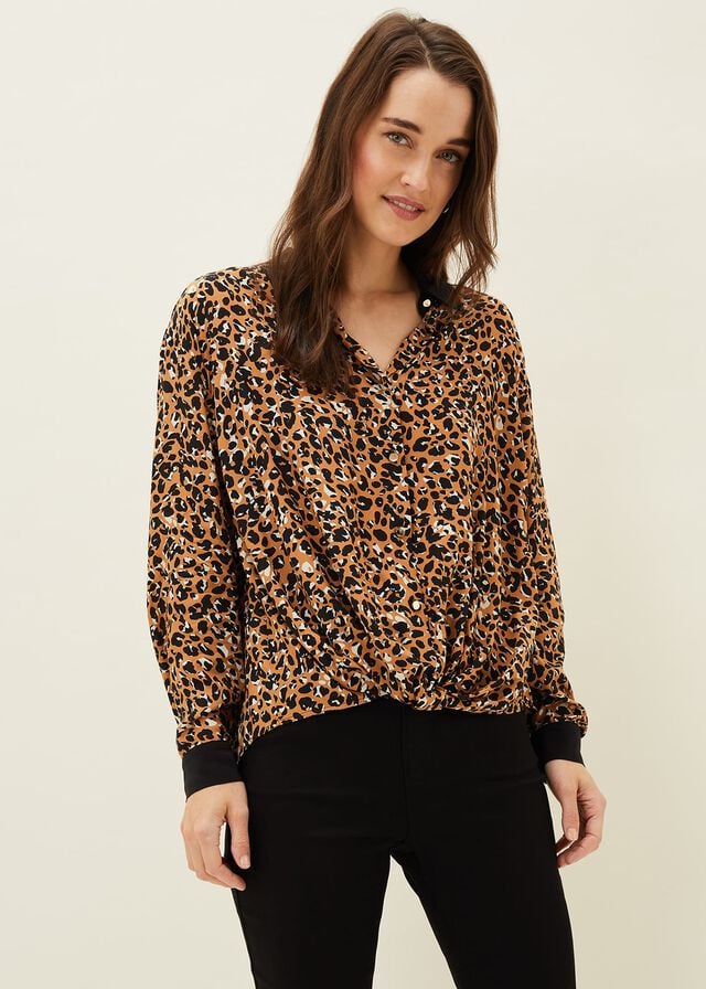 Black / Multicolor Phase Eight Kaelie Leopard Twist Front Shirts | 2173KQTOC