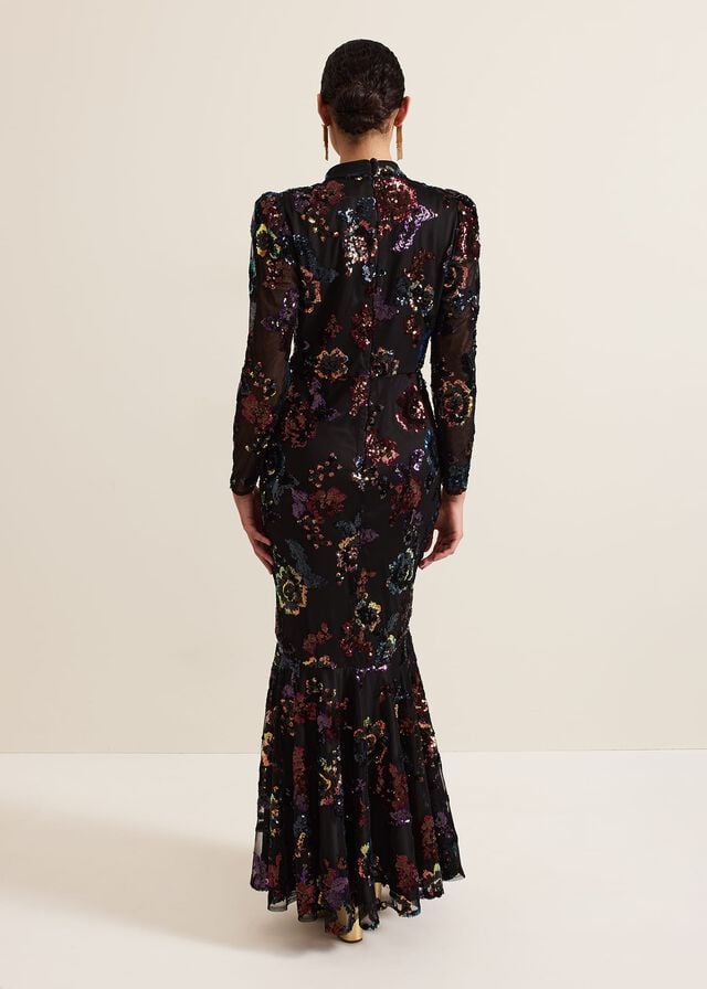 Black / Multicolor Phase Eight Lelo Sequin Long Sleeved Dress | 6125HARXS