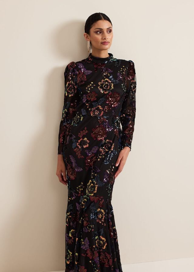 Black / Multicolor Phase Eight Lelo Sequin Long Sleeved Dress | 6125HARXS