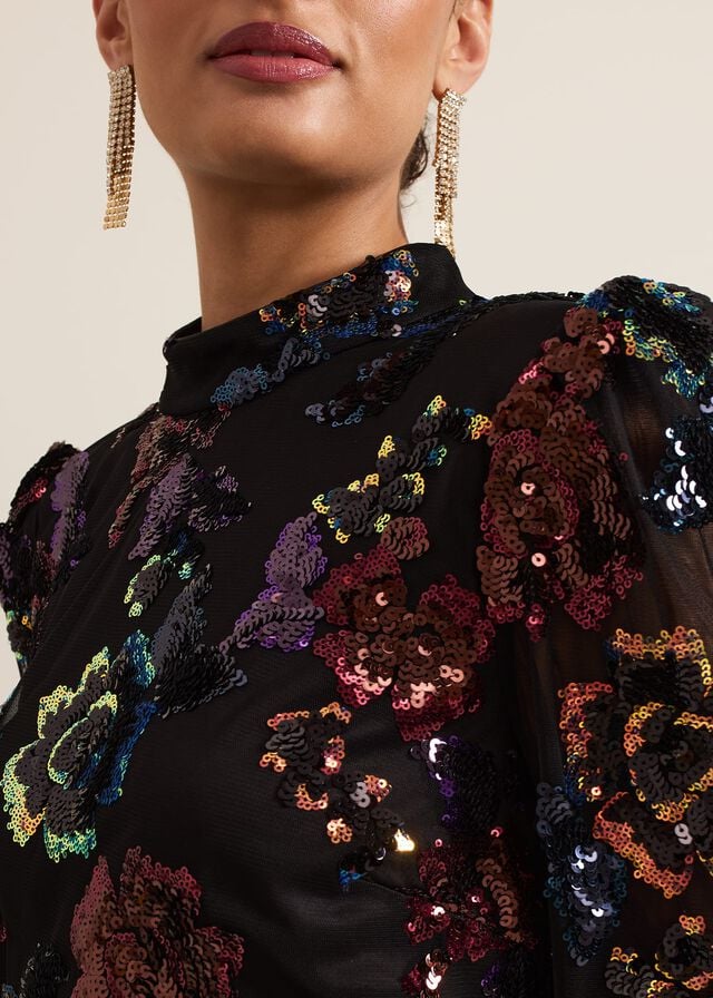 Black / Multicolor Phase Eight Lelo Sequin Long Sleeved Dress | 6125HARXS