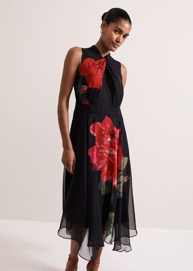 Black / Multicolor Phase Eight Lucia Chiffon Floral Dress | 8241GNUQD