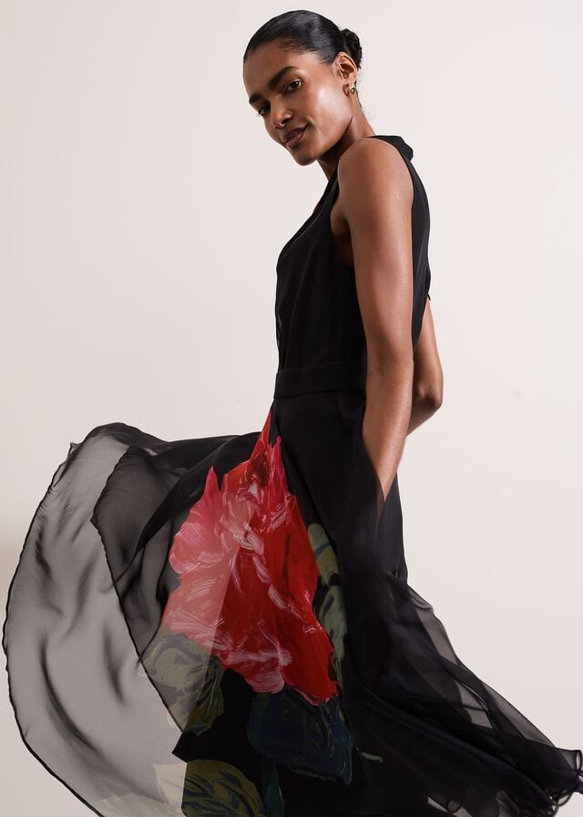 Black / Multicolor Phase Eight Lucia Chiffon Floral Dress | 8241GNUQD