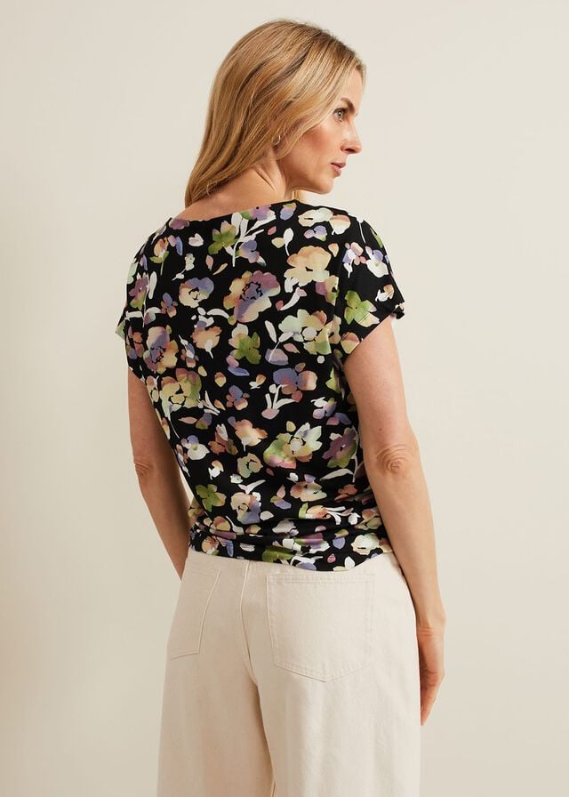 Black / Multicolor Phase Eight Maddie Watercolor T Shirts | 2359OXTUZ