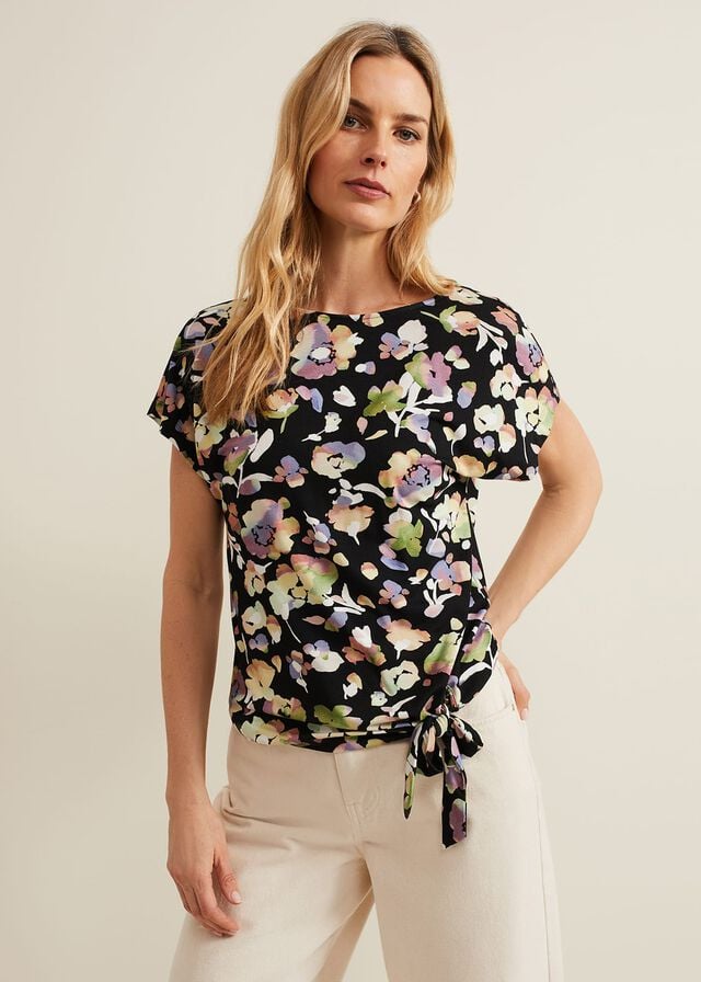 Black / Multicolor Phase Eight Maddie Watercolor T Shirts | 2359OXTUZ