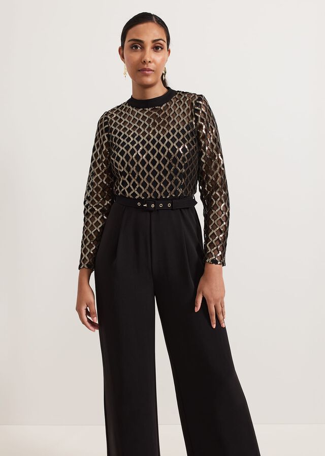Black / Multicolor Phase Eight Petite Amelia Sequin Bodice Jumpsuit | 9018BJZKX