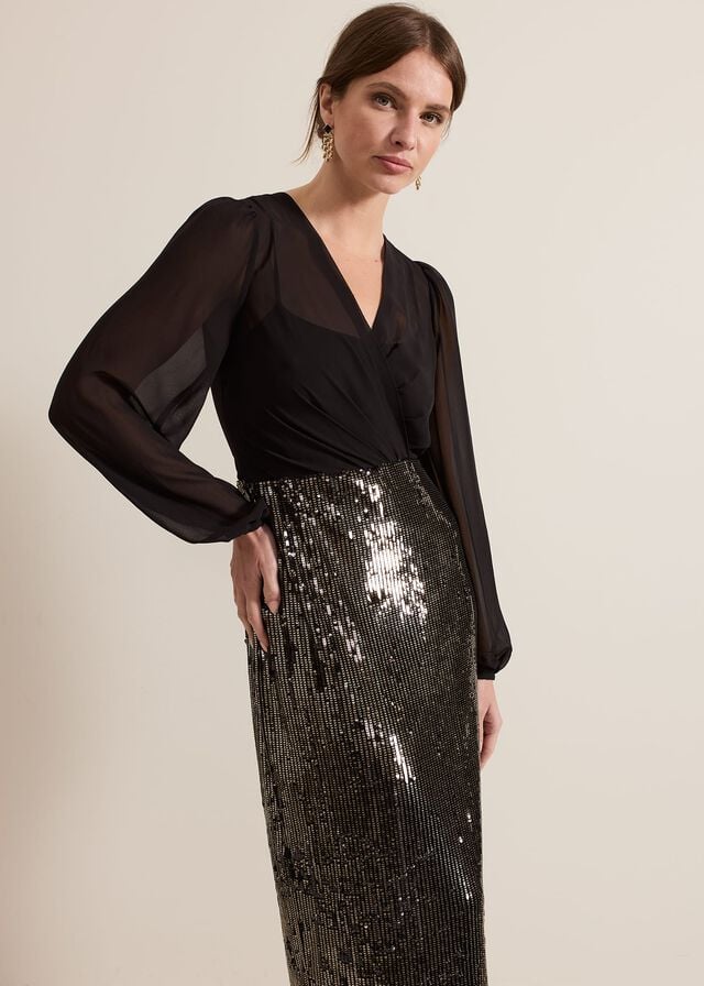 Black / Multicolor Phase Eight Petite Aniya Sequin Long Sleeve Dress | 0285VRKPT