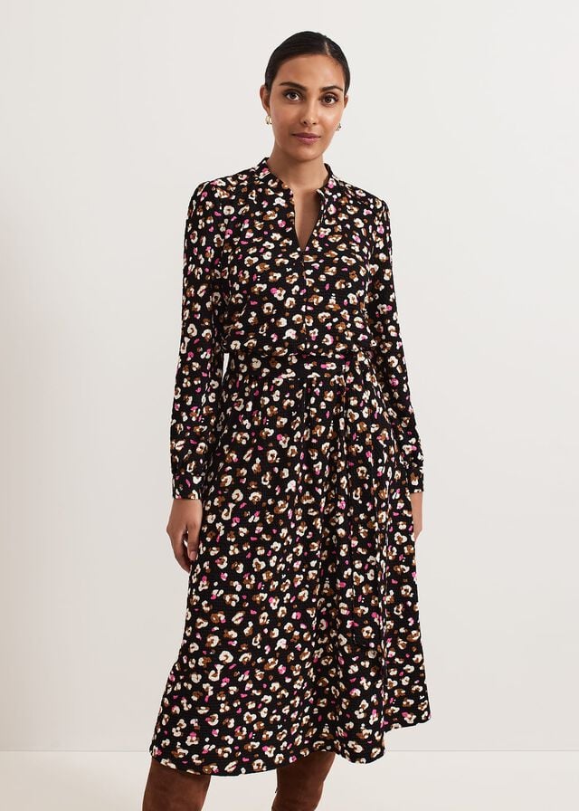 Black / Multicolor Phase Eight Petite Aoife Printed Dress | 7084OAVKE
