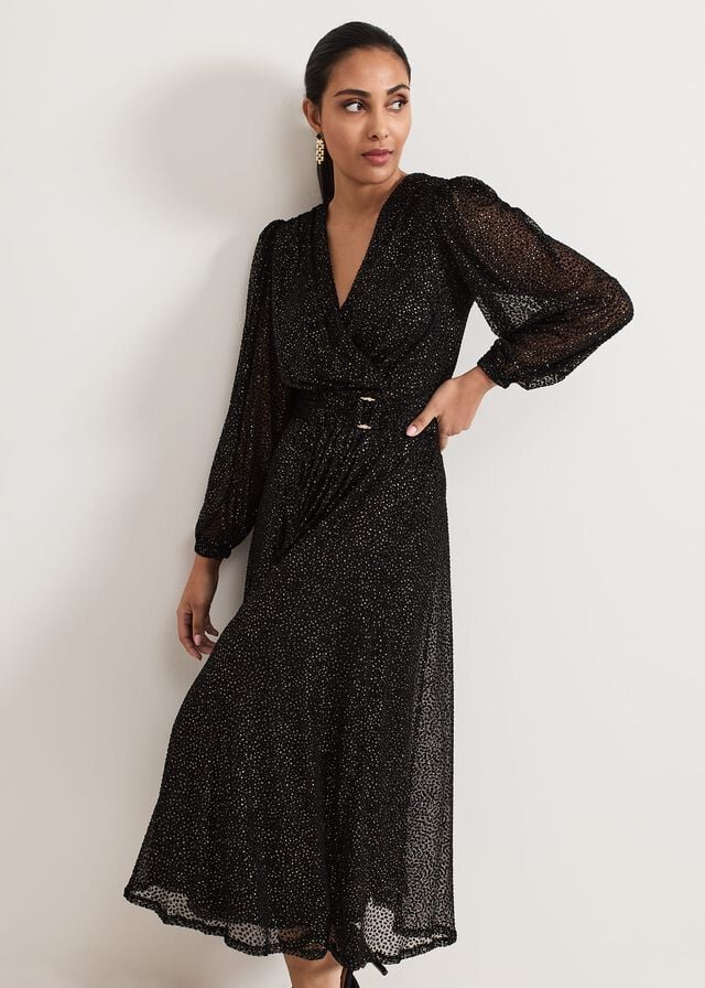 Black / Multicolor Phase Eight Petite Emre Shimmer Burnout Dress | 1674JOLCA