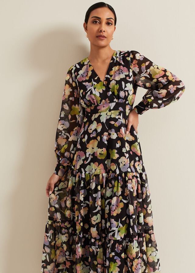 Black / Multicolor Phase Eight Petite Sandra Floral Dress | 1367BLGAJ