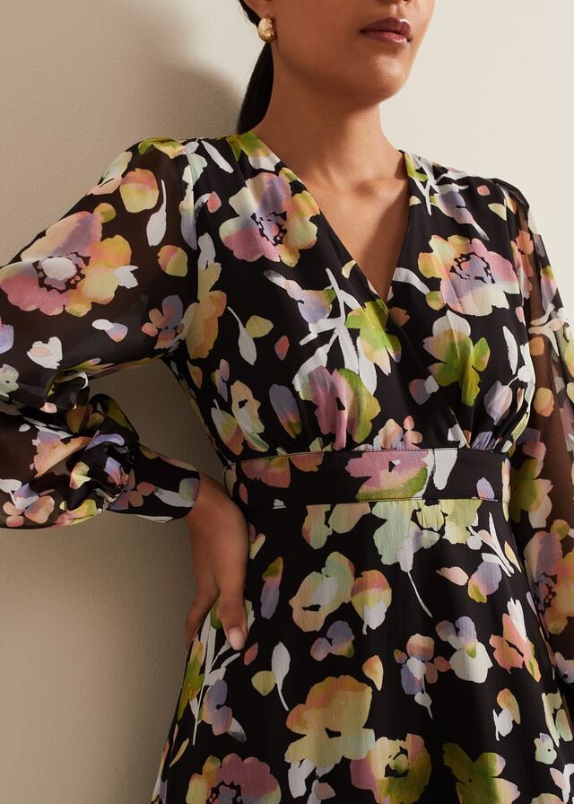 Black / Multicolor Phase Eight Petite Sandra Floral Dress | 1367BLGAJ