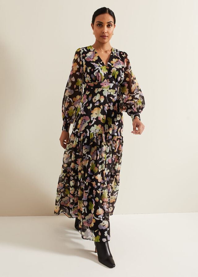 Black / Multicolor Phase Eight Petite Sandra Floral Dress | 1367BLGAJ