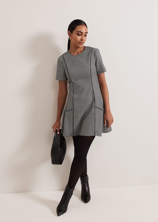 Black / Multicolor Phase Eight Petite Viola Houndstooth Dress | 9637JBTUP