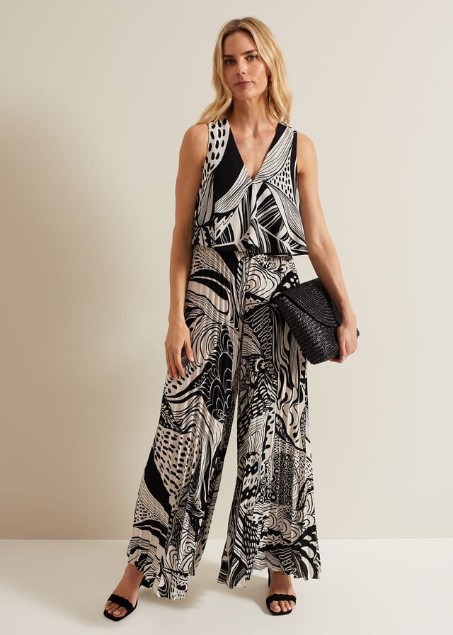 Black / Multicolor Phase Eight Saskia Abstract Pleated Jumpsuit | 1537YOQMV