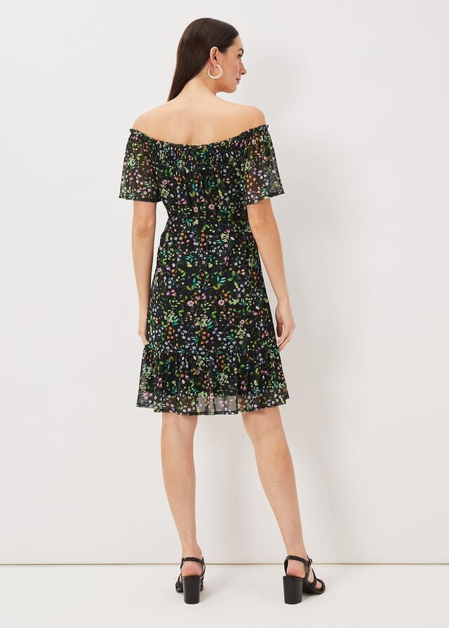Black / Multicolor Phase Eight Zaylah Shirred Floral Mesh Dress | 2853JWKZD