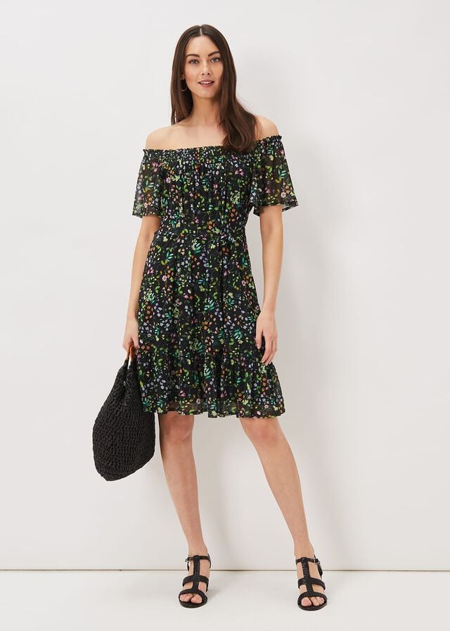 Black / Multicolor Phase Eight Zaylah Shirred Floral Mesh Dress | 2853JWKZD