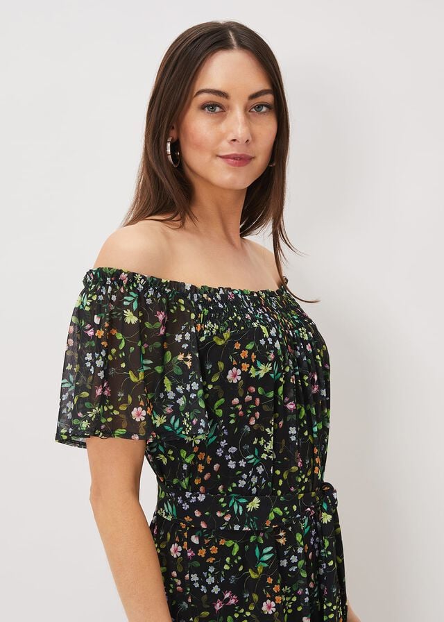 Black / Multicolor Phase Eight Zaylah Shirred Floral Mesh Dress | 2853JWKZD