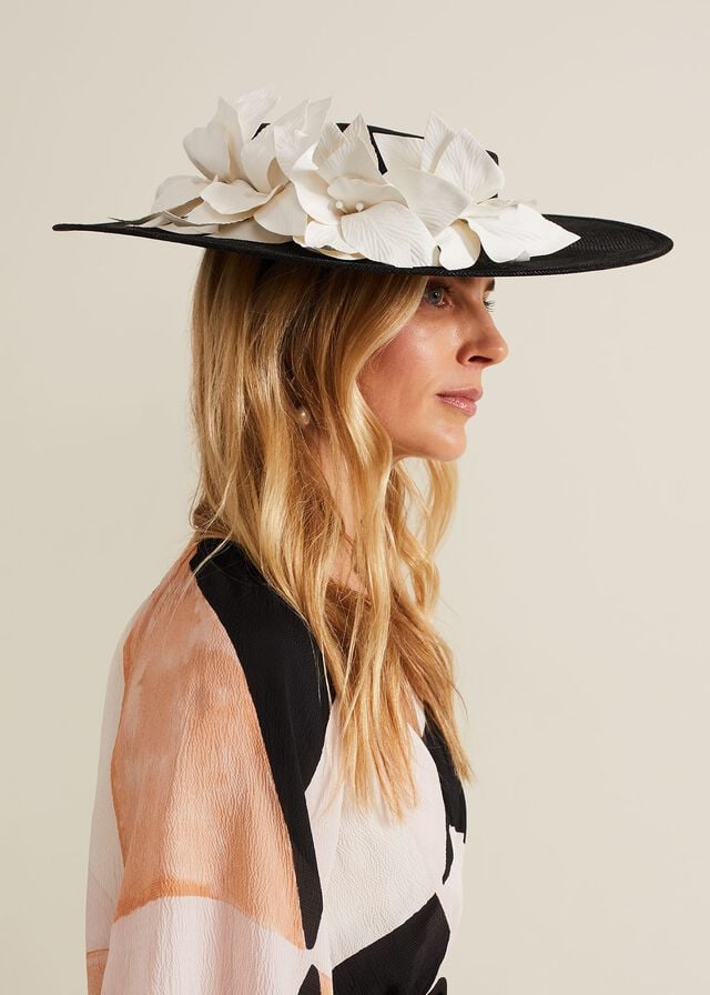 Black / White Phase Eight 3d Flower Statement Boater Fascinator Hats | 2719ZCSNO