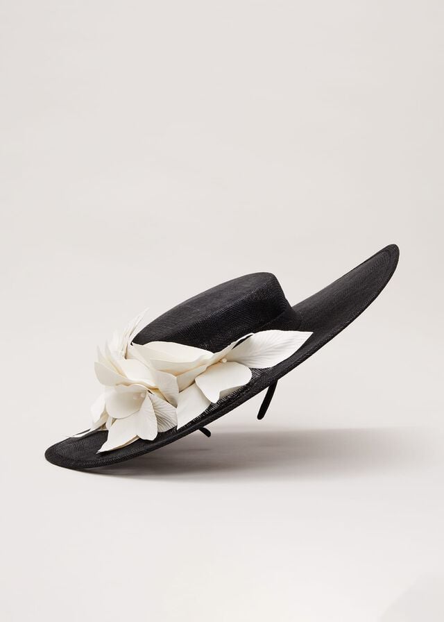 Black / White Phase Eight 3d Flower Statement Boater Fascinator Hats | 2719ZCSNO